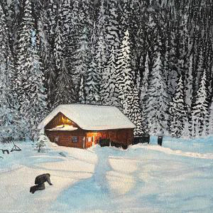 Just Out Of Reach (2025) by Ben Young This watercolor painting depicts a serene winter scene with a warmly lit log cabin surrounded by snow-covered trees, evoking a tranquil and cozy atmosphere.