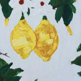 This painting by Ben Young depicts a vibrant pair of yellow lemons with lush green leaves and white blossoms against a textured white background.