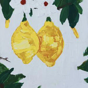 This painting by Ben Young depicts a vibrant pair of yellow lemons with lush green leaves and white blossoms against a textured white background.