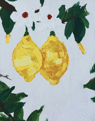 Lemon Tree (2024) by Ben Young This painting by Ben Young depicts a vibrant pair of yellow lemons with lush green leaves and white blossoms against a textured white background.