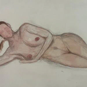 Linda Lounging (2024) by Ben Young This painting by Ben Young is a close up watercolor painting of a nude woman figure.
