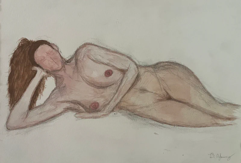 This painting by Ben Young is a close up watercolor painting of a nude woman figure.