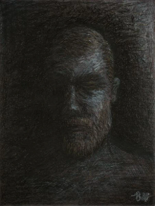 This oil pastel painting by Ben Young depicts a solemn, textured portrait of a man's face, emerging from a dark background with a rough, expressive brushwork that conveys a sense of introspection or melancholy.