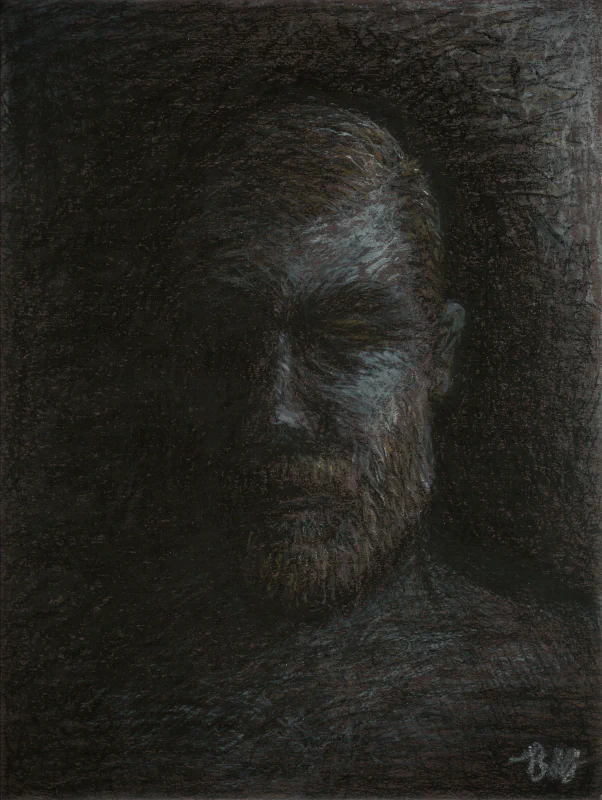 This oil pastel painting by Ben Young depicts a solemn, textured portrait of a man's face, emerging from a dark background with a rough, expressive brushwork that conveys a sense of introspection or melancholy.