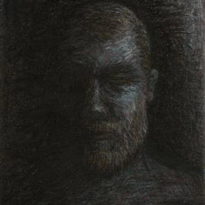This oil pastel painting by Ben Young depicts a solemn, textured portrait of a man's face, emerging from a dark background with a rough, expressive brushwork that conveys a sense of introspection or melancholy.