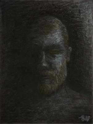 Mac Reflections (2024) by Ben Young This oil pastel painting by Ben Young depicts a solemn, textured portrait of a man's face, emerging from a dark background with a rough, expressive brushwork that conveys a sense of introspection or melancholy.