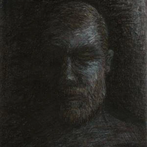 Mac Reflections (2024) by Ben Young This oil pastel painting by Ben Young depicts a solemn, textured portrait of a man's face, emerging from a dark background with a rough, expressive brushwork that conveys a sense of introspection or melancholy.