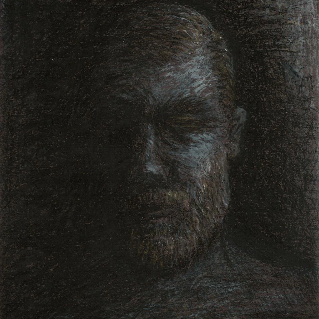 This oil pastel painting by Ben Young depicts a solemn, textured portrait of a man's face, emerging from a dark background with a rough, expressive brushwork that conveys a sense of introspection or melancholy.