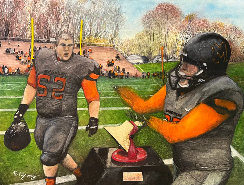 This painting depicts two football players from Massillon team in the heat of the game, with one poised in a stance of victory or excitement and the other seemingly in motion, against the backdrop of a crowded stadium.