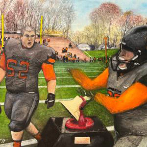 Massillon 52 (2024) by Ben Young This painting depicts two football players from Massillon team in the heat of the game, with one poised in a stance of victory or excitement and the other seemingly in motion, against the backdrop of a crowded stadium.