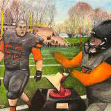 Massillon 52 (2024) by Ben Young This painting depicts two football players from Massillon team in the heat of the game, with one poised in a stance of victory or excitement and the other seemingly in motion, against the backdrop of a crowded stadium.