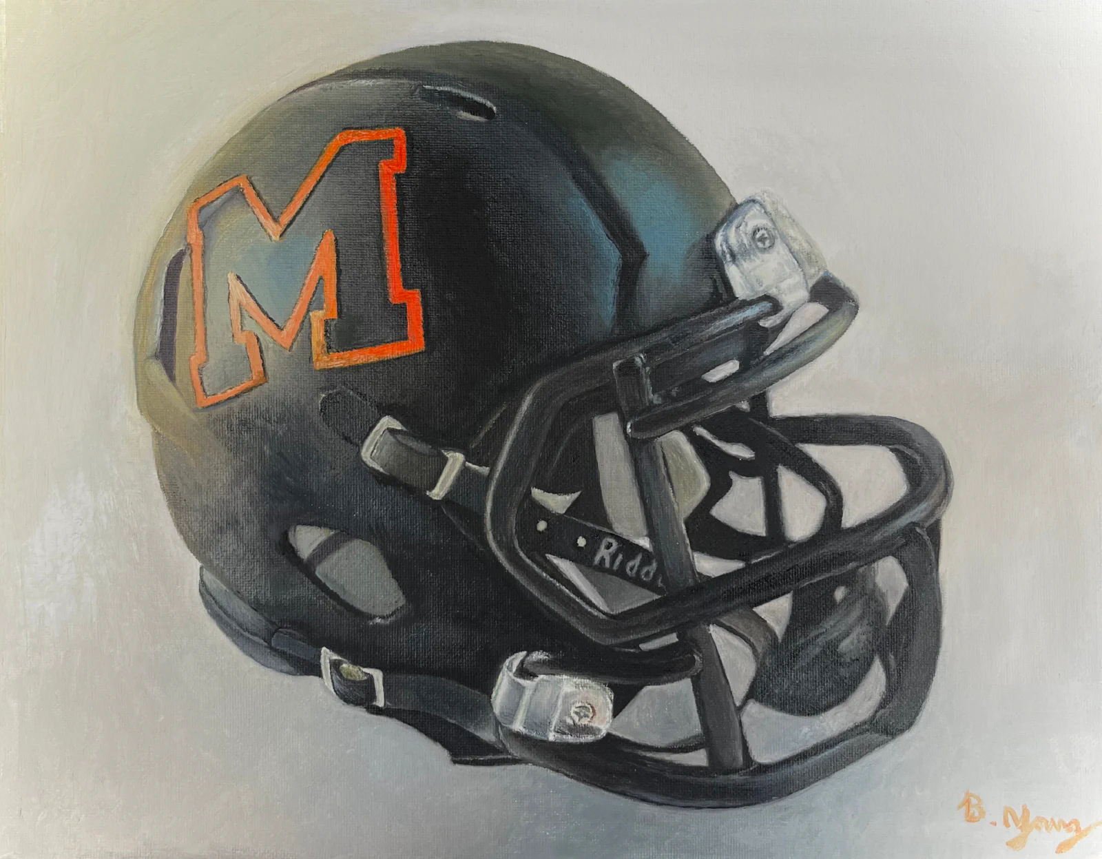 This painting presents a highly detailed, realistic portrayal of a black football helmet with a prominent orange 'M' logo, capturing a sense of rugged athleticism.