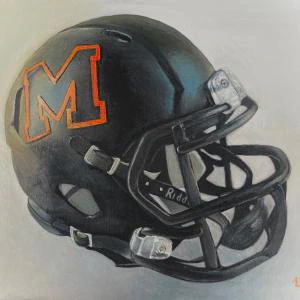 This painting presents a highly detailed, realistic portrayal of a black football helmet with a prominent orange 'M' logo, capturing a sense of rugged athleticism.