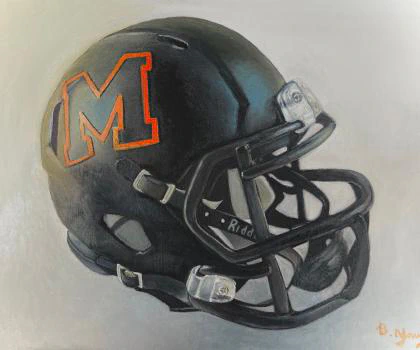 This painting presents a highly detailed, realistic portrayal of a black football helmet with a prominent orange 'M' logo, capturing a sense of rugged athleticism.