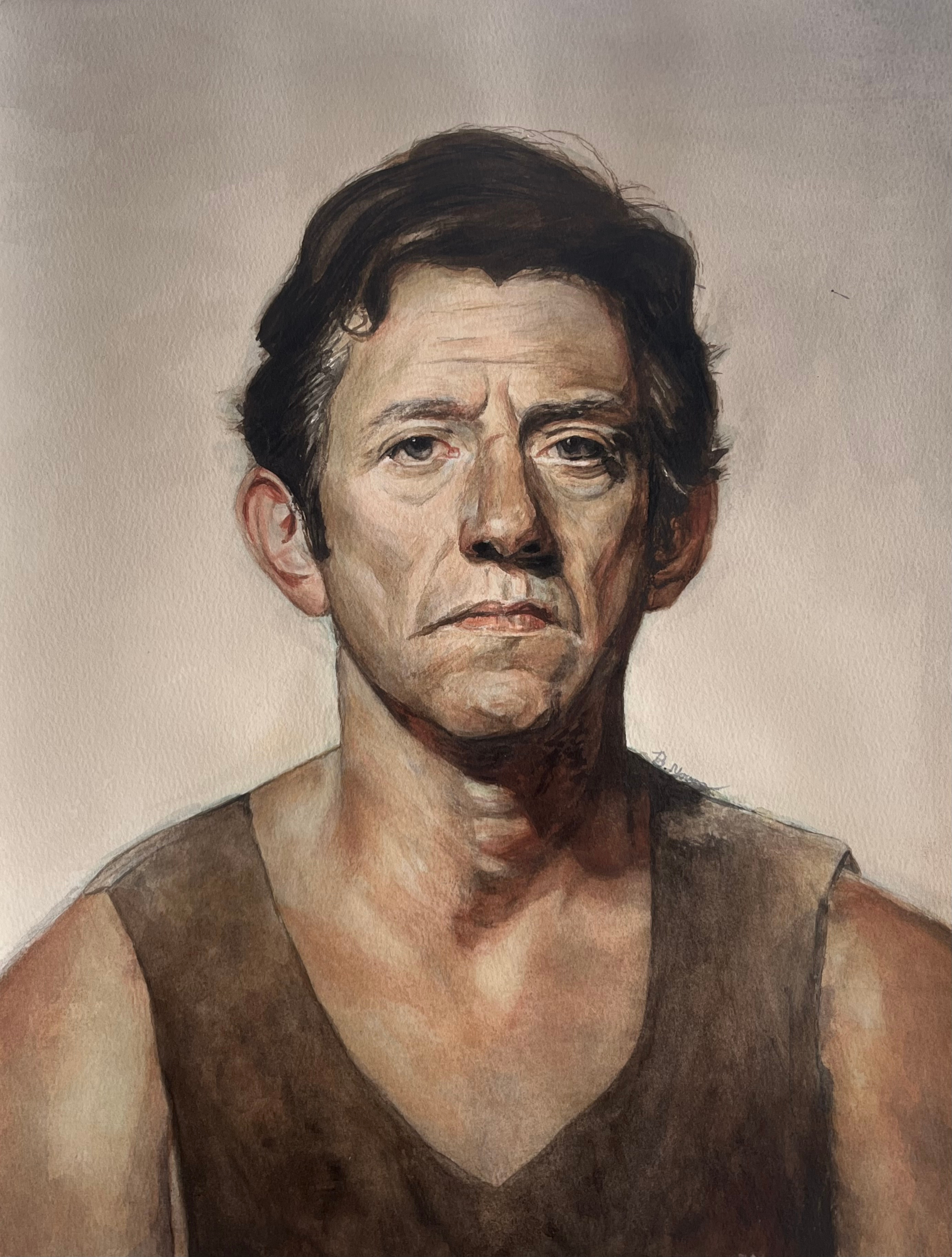 Watercolor portrait of a serious man with short dark hair wearing a sleeveless brown shirt against a soft neutral background.