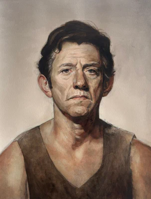 Mistakes (2026) by Ben Young Watercolor portrait of a serious man with short dark hair wearing a sleeveless brown shirt against a soft neutral background.