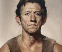 Watercolor portrait of a serious man with short dark hair wearing a sleeveless brown shirt against a soft neutral background.