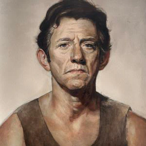 Mistakes (2026) by Ben Young Watercolor portrait of a serious man with short dark hair wearing a sleeveless brown shirt against a soft neutral background.