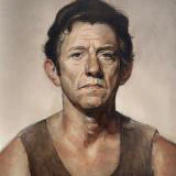 Watercolor portrait of a serious man with short dark hair wearing a sleeveless brown shirt against a soft neutral background.