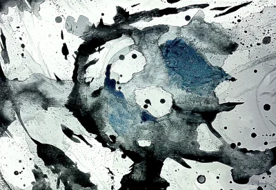 Mono-chromatic Maelstorm (2024) by Ben Young This is an abstract watercolor painting by Ben Young featuring dynamic blue and black brushstrokes, with splatters and washes creating a sense of movement and swirl.