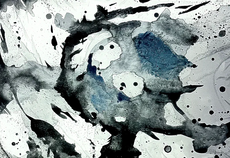 This is an abstract watercolor painting by Ben Young featuring dynamic blue and black brushstrokes, with splatters and washes creating a sense of movement and swirl.