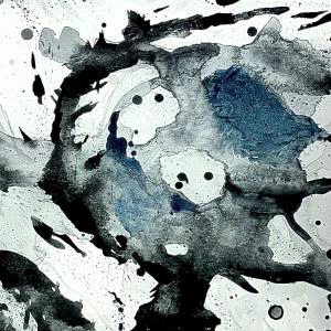 Mono-chromatic Maelstorm (2024) by Ben Young This is an abstract watercolor painting by Ben Young featuring dynamic blue and black brushstrokes, with splatters and washes creating a sense of movement and swirl.