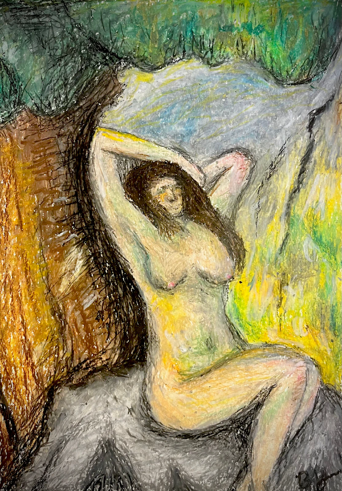 The oil pastel painting by Ben Young portrays a woman reclining in a vibrant, natural setting, depicted with vivid colors and energetic, sketch-like strokes that create a lively and dynamic composition.