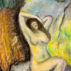 The oil pastel painting by Ben Young portrays a woman reclining in a vibrant, natural setting, depicted with vivid colors and energetic, sketch-like strokes that create a lively and dynamic composition.