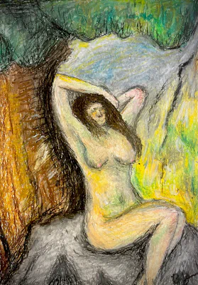 Ms. Cezanne (2024) by Ben Young The oil pastel painting by Ben Young portrays a woman reclining in a vibrant, natural setting, depicted with vivid colors and energetic, sketch-like strokes that create a lively and dynamic composition.