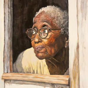 This watercolor painting portrays an elderly woman with expressive eyes and glasses, gazing thoughtfully out of a weathered wooden window frame.