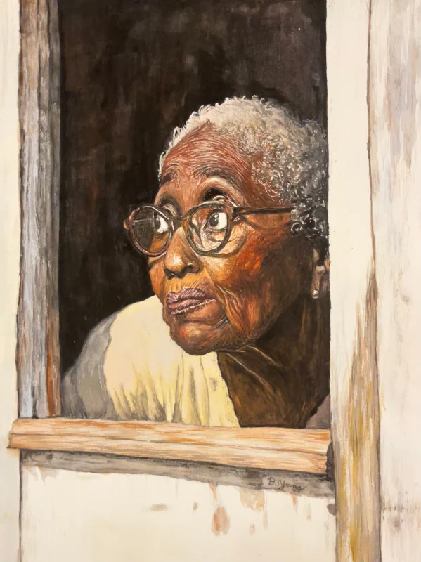 This watercolor painting portrays an elderly woman with expressive eyes and glasses, gazing thoughtfully out of a weathered wooden window frame.