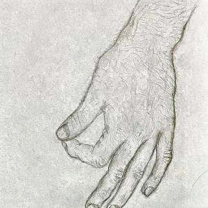 Okay (2022) by Ben Young The drawing displays a detailed pencil sketch of a human hand with a gentle curvature of the fingers and intricate line work that captures the texture of the skin.