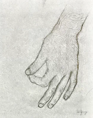 Okay (2022) by Ben Young The drawing displays a detailed pencil sketch of a human hand with a gentle curvature of the fingers and intricate line work that captures the texture of the skin.