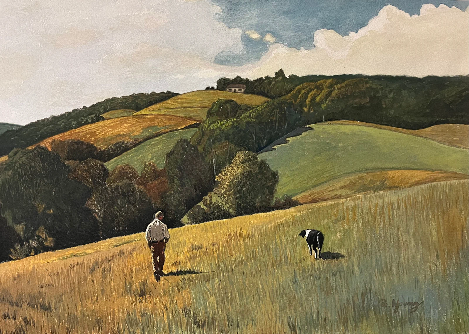 This watercolor painting depicts a serene watercolor capturing a man and a Border Collie dog strolling through rolling hills, evoking the peaceful charm of the countryside.