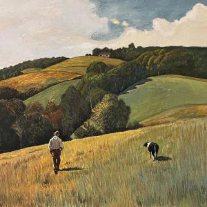 One Last Walk With Izzy (2024) by Ben Young This watercolor painting depicts a serene watercolor capturing a man and a Border Collie dog strolling through rolling hills, evoking the peaceful charm of the countryside.