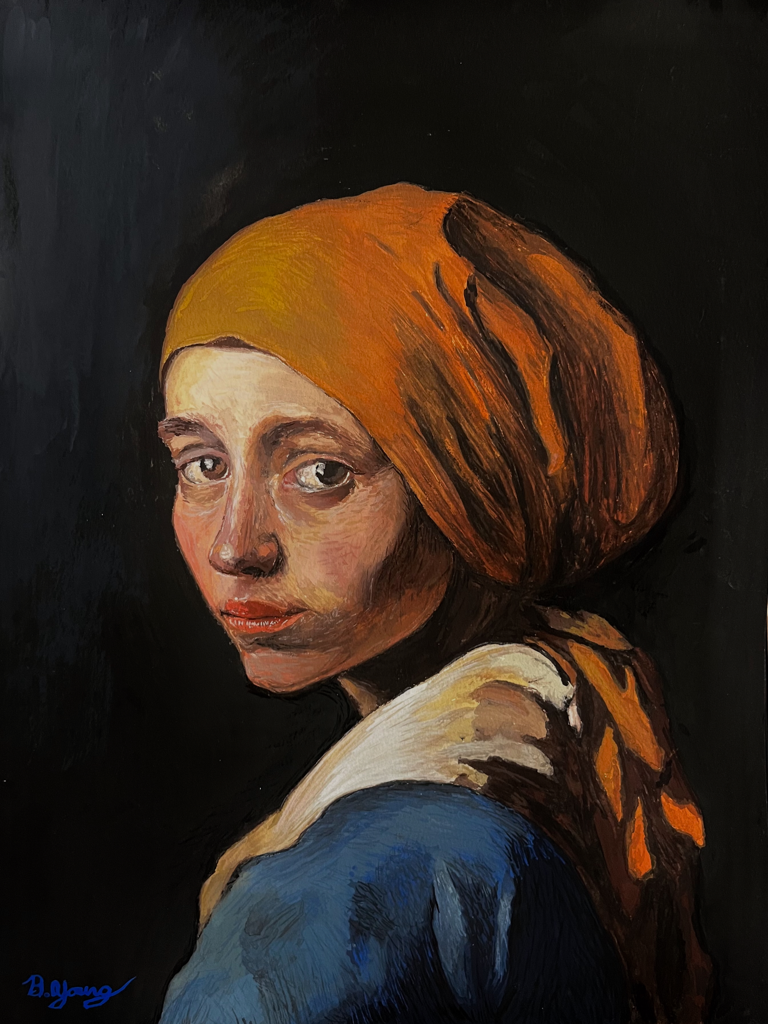 This striking gouache painting reimagines Vermeer’s iconic Girl with a Pearl Earring with a bold orange headscarf, rich textures, and expressive brushwork that brings a modern intensity to the classical pose.