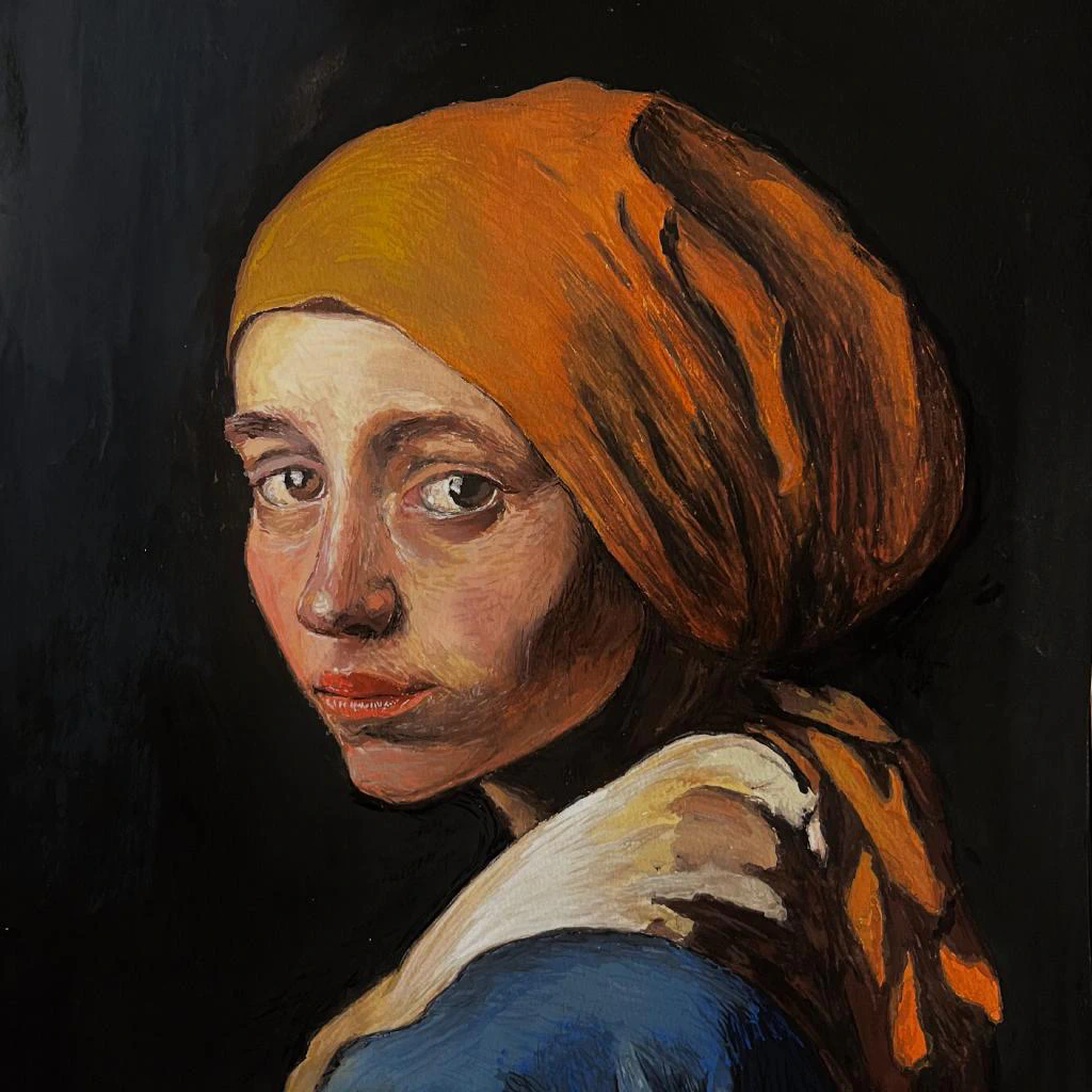 This striking gouache painting reimagines Vermeer’s iconic Girl with a Pearl Earring with a bold orange headscarf, rich textures, and expressive brushwork that brings a modern intensity to the classical pose.