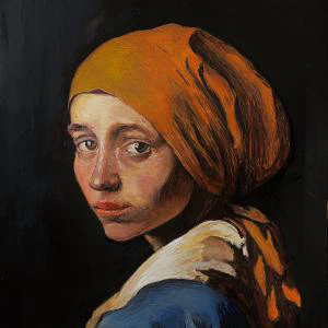 Pearl's Granddaughter (2025) by Ben Young This striking gouache painting reimagines Vermeer’s iconic Girl with a Pearl Earring with a bold orange headscarf, rich textures, and expressive brushwork that brings a modern intensity to the classical pose.