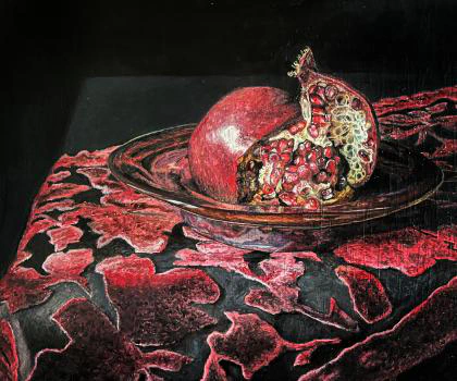 This painting by Ben Young is a still life oil painting of an pomegranate fruit sitting in a metal bowl atop a velvet clothed table.