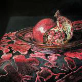 This painting by Ben Young is a still life oil painting of an pomegranate fruit sitting in a metal bowl atop a velvet clothed table.