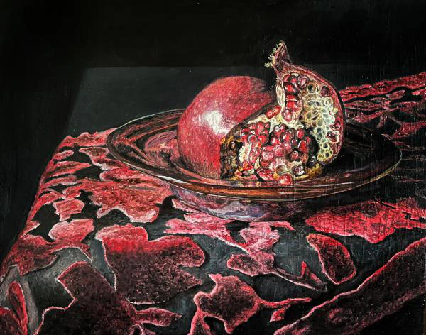 This painting by Ben Young is a still life oil painting of an pomegranate fruit sitting in a metal bowl atop a velvet clothed table.