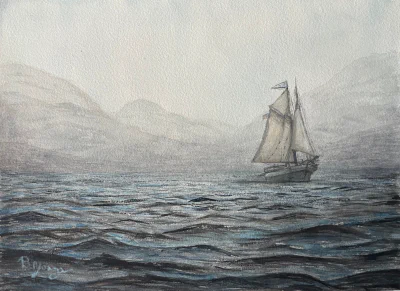 Sailing Away Schoon (2024) by Ben Young This painting by Ben Young shows a solitary schooner sailing across a sea, in a muted watercolor landscape shrouded in a misty atmosphere.