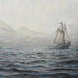 This painting by Ben Young shows a solitary schooner sailing across a sea, in a muted watercolor landscape shrouded in a misty atmosphere.