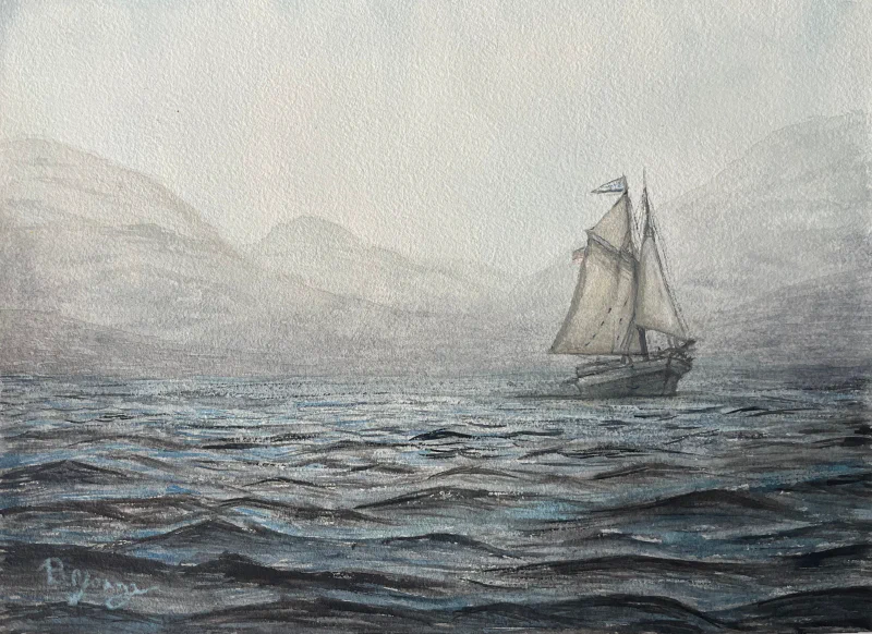 This painting by Ben Young shows a solitary schooner sailing across a sea, in a muted watercolor landscape shrouded in a misty atmosphere.