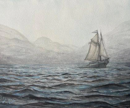 This painting by Ben Young shows a solitary schooner sailing across a sea, in a muted watercolor landscape shrouded in a misty atmosphere.