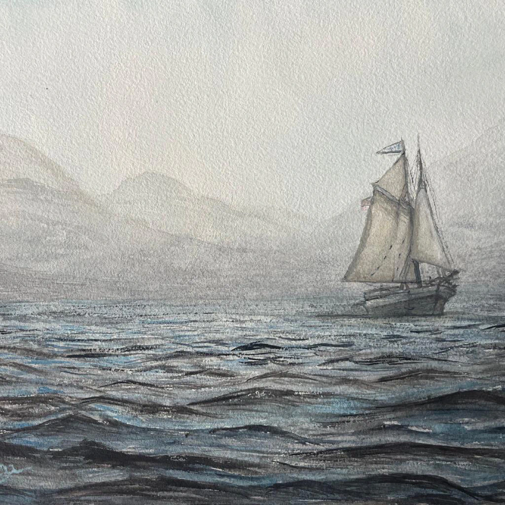 This painting by Ben Young shows a solitary schooner sailing across a sea, in a muted watercolor landscape shrouded in a misty atmosphere.