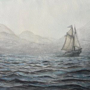 Sailing Away Schoon (2024) by Ben Young This painting by Ben Young shows a solitary schooner sailing across a sea, in a muted watercolor landscape shrouded in a misty atmosphere.