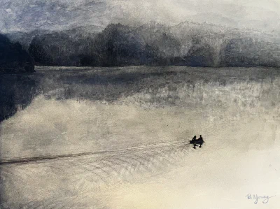 Silent Reflections (2024) by Ben Young This painting by Ben Young shows a solitary boat moving across a lake, in a muted watercolor landscape shrouded in a misty atmosphere.