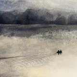 This painting by Ben Young shows a solitary boat moving across a lake, in a muted watercolor landscape shrouded in a misty atmosphere.