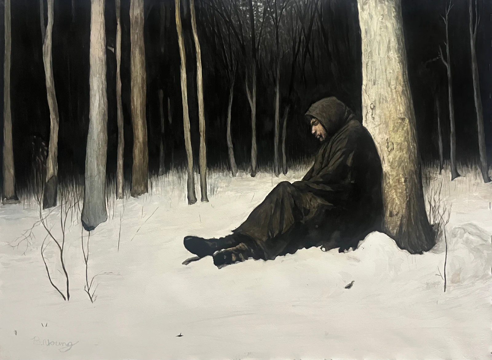 A watercolor painting of a lone, hooded figure sits against a tree in a dark, snow-covered forest, evoking a sense of solitude and introspection.